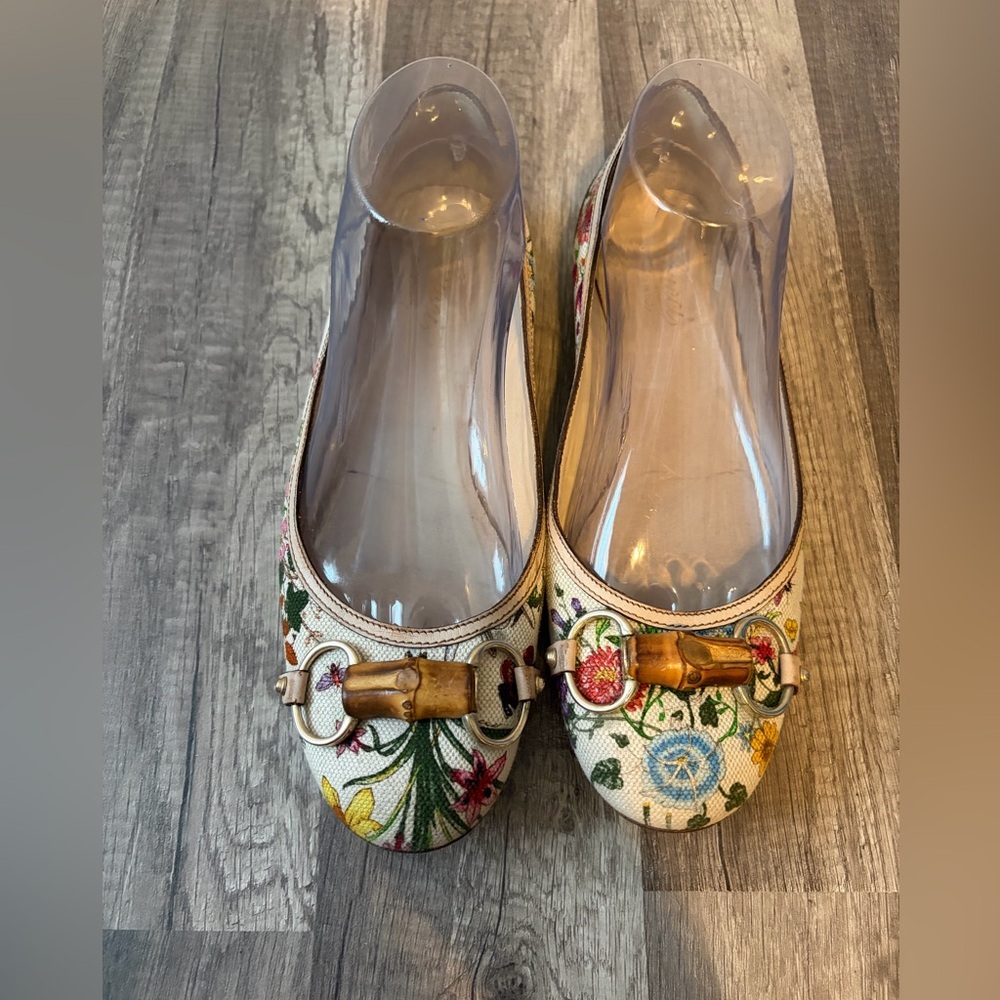 Gucci Multicolor Floral Print Leather and Canvas Bamboo Horsebit Ballet 7 1/2 B - Picture 2 of 7